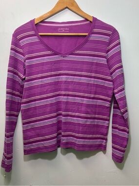 Women’s St. John's Bay Purple & White Striped V-Neck Long Sleeve Top
